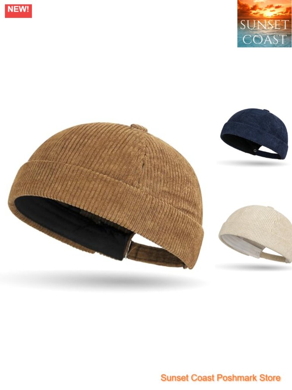 Corduroy Brimless Docker Cap Rolled Cuff Beanie Hat Unisex Adjustable